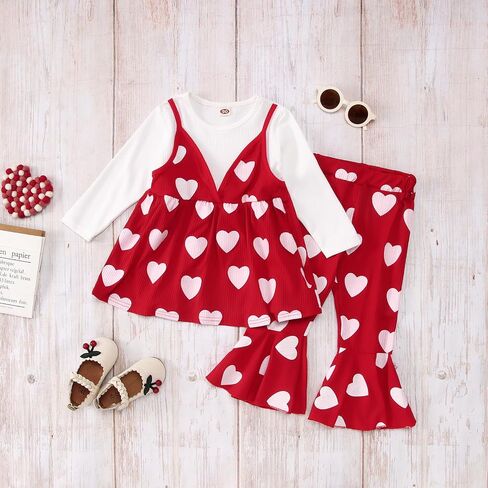 GLIGLITTR Kids Girls Valentine's Day Clothes Outfit Love Heart Graphic Patchwork Top Bell Bottomed Pants 2pcs Spring Set in Saudi Arabia