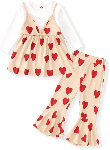 GLIGLITTR Kids Girls Valentine's Day Clothes Outfit Love Heart Graphic Patchwork Top Bell Bottomed Pants 2pcs Spring Set in Saudi Arabia
