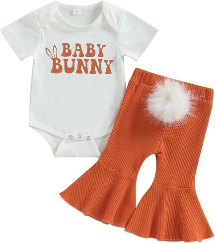 LIN&BABAY Newborn Baby Girl Easter Outfits Baby Hunny Short Sleeve Romper Onesie+Bell Bottom Pants 2 Pcs Easter Clothes in Kuwait