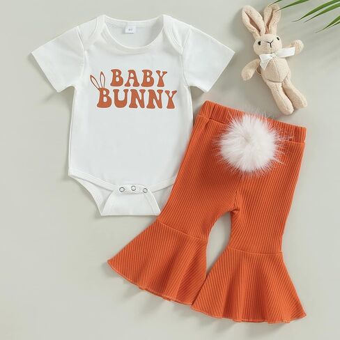 LIN&BABAY Newborn Baby Girl Easter Outfits Baby Hunny Short Sleeve Romper Onesie+Bell Bottom Pants 2 Pcs Easter Clothes in Kuwait