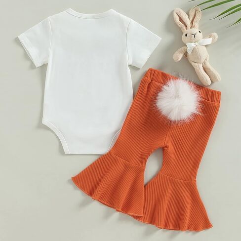 LIN&BABAY Newborn Baby Girl Easter Outfits Baby Hunny Short Sleeve Romper Onesie+Bell Bottom Pants 2 Pcs Easter Clothes in Kuwait