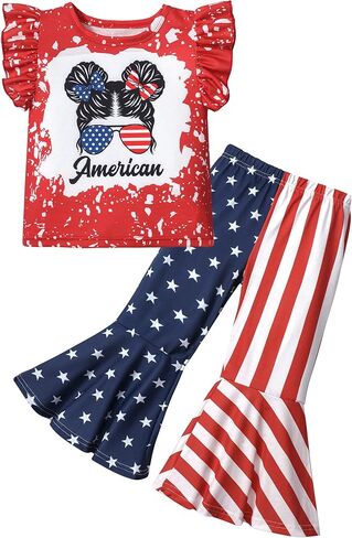 AGAPENG 4th من يوليو طفل فتاة الزي العلم الأمريكي تي شيرتات قصيرة الاكمام بلايز ستار مخطط متوهج جرس قيعان السراويل in Kuwait