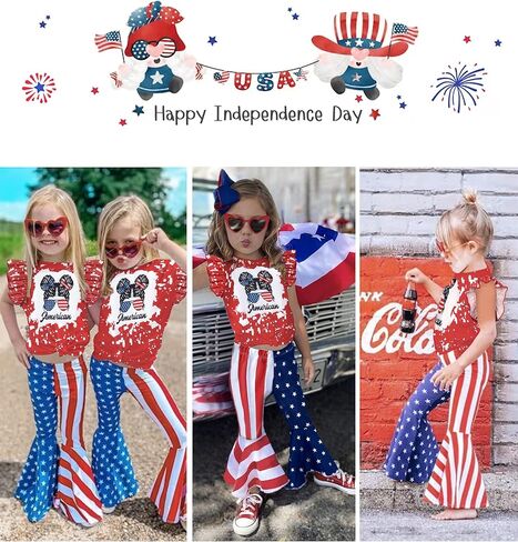 AGAPENG 4th من يوليو طفل فتاة الزي العلم الأمريكي تي شيرتات قصيرة الاكمام بلايز ستار مخطط متوهج جرس قيعان السراويل in Kuwait