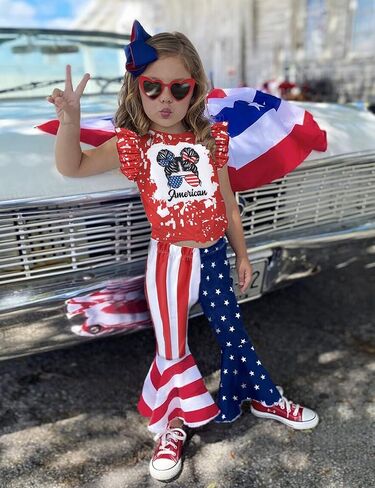 AGAPENG 4th من يوليو طفل فتاة الزي العلم الأمريكي تي شيرتات قصيرة الاكمام بلايز ستار مخطط متوهج جرس قيعان السراويل in Kuwait