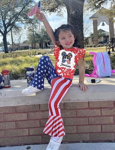 AGAPENG 4th من يوليو طفل فتاة الزي العلم الأمريكي تي شيرتات قصيرة الاكمام بلايز ستار مخطط متوهج جرس قيعان السراويل in Kuwait