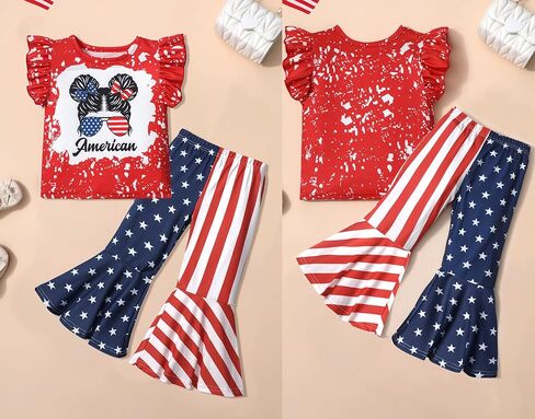 AGAPENG 4th من يوليو طفل فتاة الزي العلم الأمريكي تي شيرتات قصيرة الاكمام بلايز ستار مخطط متوهج جرس قيعان السراويل in Kuwait
