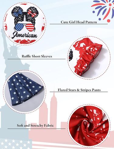 AGAPENG 4th من يوليو طفل فتاة الزي العلم الأمريكي تي شيرتات قصيرة الاكمام بلايز ستار مخطط متوهج جرس قيعان السراويل in Kuwait