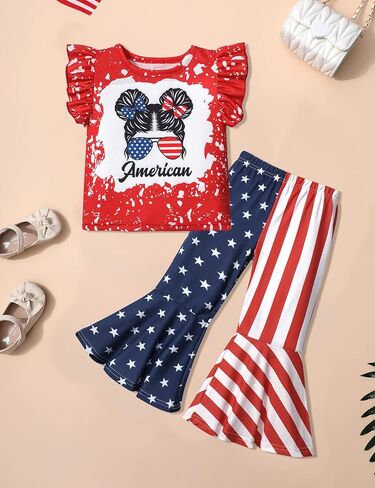 AGAPENG 4th من يوليو طفل فتاة الزي العلم الأمريكي تي شيرتات قصيرة الاكمام بلايز ستار مخطط متوهج جرس قيعان السراويل in Kuwait