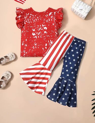 AGAPENG 4th من يوليو طفل فتاة الزي العلم الأمريكي تي شيرتات قصيرة الاكمام بلايز ستار مخطط متوهج جرس قيعان السراويل in Kuwait