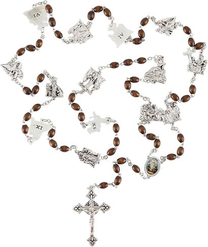Needzo Stations of The Cross Chaplet Rosary with Wooden Prayer Beads and Silver Tone Crucifix, Includes Gift Pouch and Card, Easter Lenten Keepsakes for Catholic Men and Women, 30 Inches in Saudi Arabia
