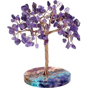 Nupuyai Handmade Natural Healing Quartz Crystal Tree with Round Chakra Stones Resin Base, Copper Wire Crystal Bonsai Money Tree Decor for Lucky/Feng Shui, White Jade & Black Obsidian