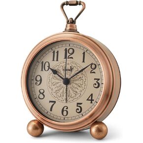 FLOITTUY 4.5" Battery Operated Antique Retro Analog Metal Alarm Clock, Silent Bedside Desk Clock, Wall-Hanging Vintage Clock(Exquisite Bronze)