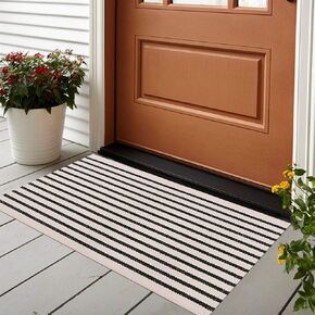 Black and White Striped Door Mat 24"x35",Collive Cotton Hand Woven Welcome Entryway Rug,Washable Small Fall Porch Decor, Welcome Door Mat for Indoor Outdoor/Kitchen/Farmhouse in Kuwait
