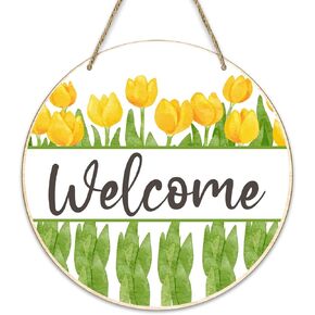 هدية الربيع ترحيب جولة الجدار شنقا لوحة علامة مع حبل، علامة الأزهار خشبية معلقة لوحة للباب الأمامي حديقة المدخل ديكور، ريفي المنزل الخشب عمل فني علامة للزوجة أمي الجدة النساء -c01 in Kuwait