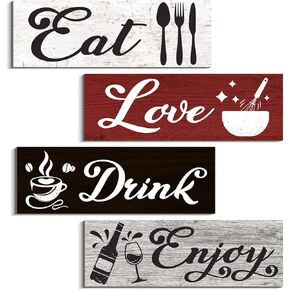 COLOR VALLEY ART - Red Kitchen Decor Accessories, Wall Art Red and Black, Eat Drink Love Wooden Signs for Dining Room (Classic Color)