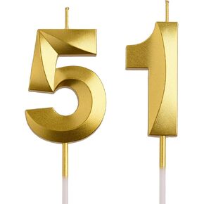شموع عيد الميلاد الـ 51 من AOOLADA، شموع عيد ميلاد ذهبية بعمر 51 عامًا، هدايا عيد ميلاد سعيد لتزيين الكيك للرجال والنساء in Kuwait