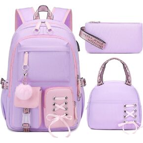 ACESAK Backpacks for Girls, Girls Backpack with Lunch Box and Pencil Case for Teen Kids Elementary Middle High School College Student, Children Backpack Bookbag with USB Charging Port (Pink Purple)