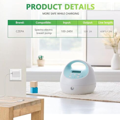 شاحن إمداد الطاقة Czepa متوافق مع مضخة الثدي الكهربائية Spectra S1 / S2 / SPS100 / SPS200 / 9 Plus محول شحن بديل 12 فولت (أبيض) in Kuwait