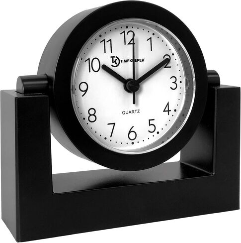 Timekeeper Small Desktop Swivel Clock for Desk, Battery Operated, 6.75" Wide x 2" Tall, Black Frame White Face in Saudi Arabia