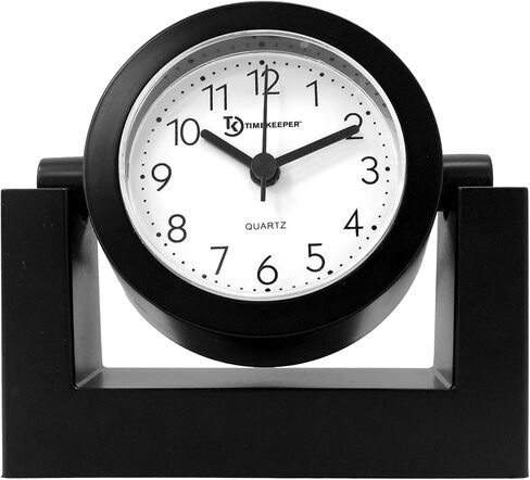 Timekeeper Small Desktop Swivel Clock for Desk, Battery Operated, 6.75" Wide x 2" Tall, Black Frame White Face in Saudi Arabia