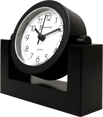 Timekeeper Small Desktop Swivel Clock for Desk, Battery Operated, 6.75" Wide x 2" Tall, Black Frame White Face in Saudi Arabia