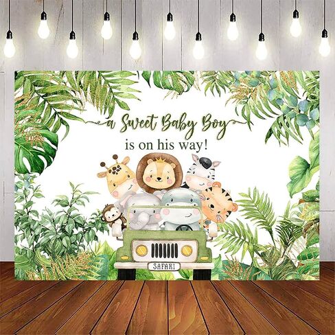Avezano Safari Baby Shower Backdrop Decorations for Boy 5x3ft Jungle Theme It's a Boy Welcome Baby Party Background Green Leaves Animals Baby Shower Birthday Cake Table Banner Favors in Saudi Arabia