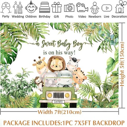 Avezano Safari Baby Shower Backdrop Decorations for Boy 5x3ft Jungle Theme It's a Boy Welcome Baby Party Background Green Leaves Animals Baby Shower Birthday Cake Table Banner Favors in Saudi Arabia