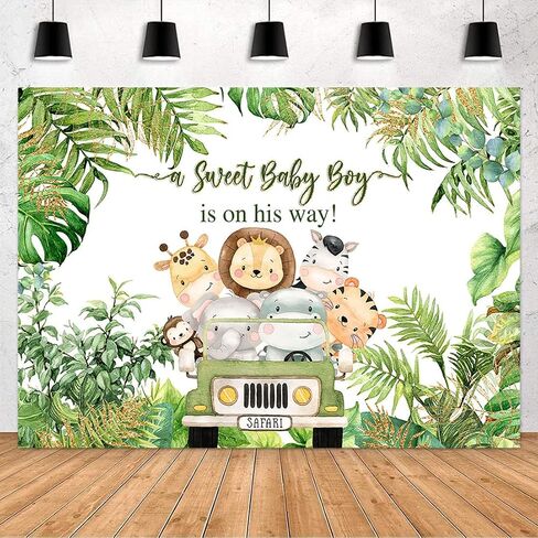 Avezano Safari Baby Shower Backdrop Decorations for Boy 5x3ft Jungle Theme It's a Boy Welcome Baby Party Background Green Leaves Animals Baby Shower Birthday Cake Table Banner Favors in Saudi Arabia