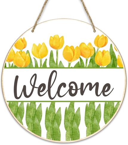 هدية الربيع ترحيب جولة الجدار شنقا لوحة علامة مع حبل، علامة الأزهار خشبية معلقة لوحة للباب الأمامي حديقة المدخل ديكور، ريفي المنزل الخشب عمل فني علامة للزوجة أمي الجدة النساء -c01 in Kuwait