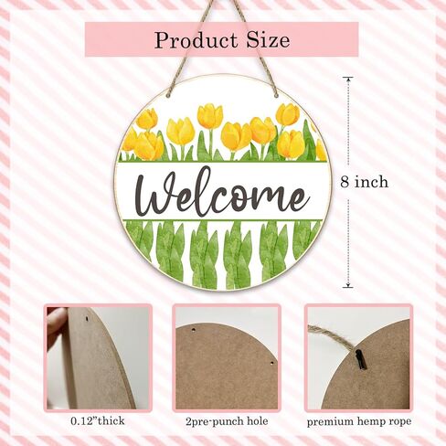 هدية الربيع ترحيب جولة الجدار شنقا لوحة علامة مع حبل، علامة الأزهار خشبية معلقة لوحة للباب الأمامي حديقة المدخل ديكور، ريفي المنزل الخشب عمل فني علامة للزوجة أمي الجدة النساء -c01 in Kuwait