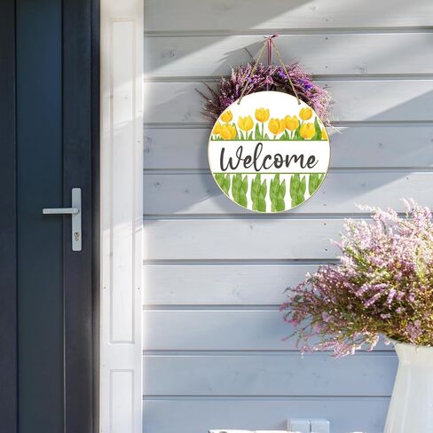 هدية الربيع ترحيب جولة الجدار شنقا لوحة علامة مع حبل، علامة الأزهار خشبية معلقة لوحة للباب الأمامي حديقة المدخل ديكور، ريفي المنزل الخشب عمل فني علامة للزوجة أمي الجدة النساء -c01 in Kuwait