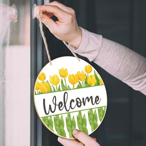 هدية الربيع ترحيب جولة الجدار شنقا لوحة علامة مع حبل، علامة الأزهار خشبية معلقة لوحة للباب الأمامي حديقة المدخل ديكور، ريفي المنزل الخشب عمل فني علامة للزوجة أمي الجدة النساء -c01 in Kuwait