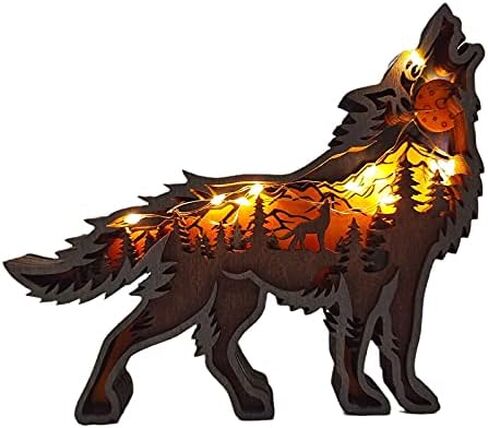 Hovico الإبداعية الذئب الديكور تمثال الذئب أضواء الديكور سطح المكتب ، حيوانات خشبية الحرف ، زخرفة عيد الميلاد in Kuwait