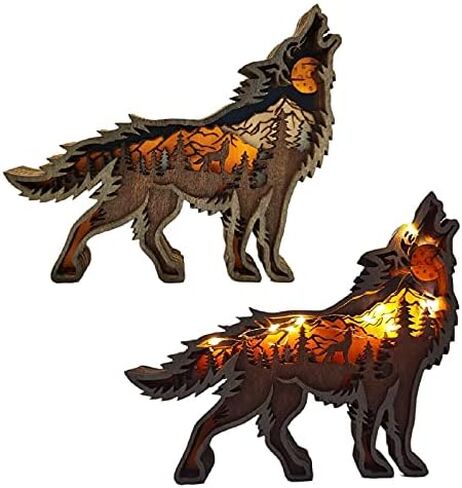 Hovico الإبداعية الذئب الديكور تمثال الذئب أضواء الديكور سطح المكتب ، حيوانات خشبية الحرف ، زخرفة عيد الميلاد in Kuwait