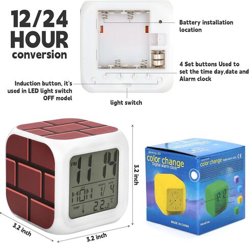 Super Bros Alarm for Kids - Mini LED Super Bros/Bricks Alarm Clock - 7 Colorful Change, Time,Temperature, Date Alarm Clock for Kids Bedroom Decor in Kuwait