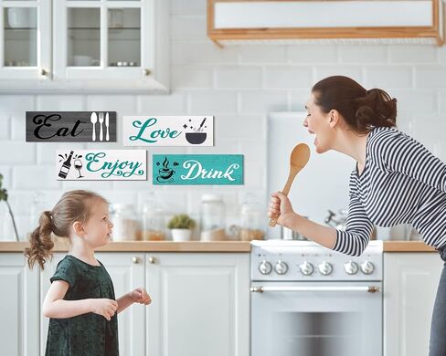 أكل ديكور جدار المطبخ، 4 قطع أكل شرب الحب استمتع لوحة علامة خشبية، مزرعة خشبية معلقة الجدار الديكور للمطبخ غرفة الطعام بار مقهى (اللون الكلاسيكي، 4.7 × 13.7 بوصة) in Kuwait