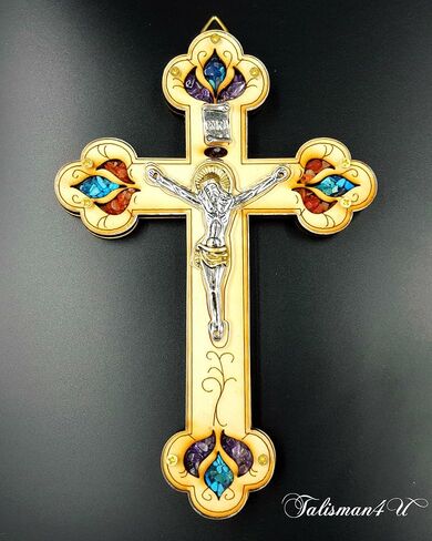 TALISMAN4U ديكور حائط متقاطع خشبي مقاس 7 بوصات مع صليب كاثوليكي وأحجار كريمة ملونة شبه ثمينة مباركة في هدية الأرض المقدسة في القدس in Kuwait