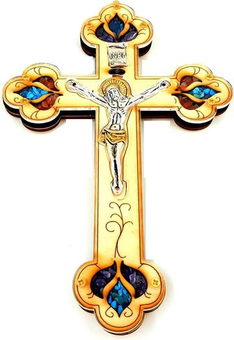 TALISMAN4U ديكور حائط متقاطع خشبي مقاس 7 بوصات مع صليب كاثوليكي وأحجار كريمة ملونة شبه ثمينة مباركة في هدية الأرض المقدسة في القدس in Kuwait