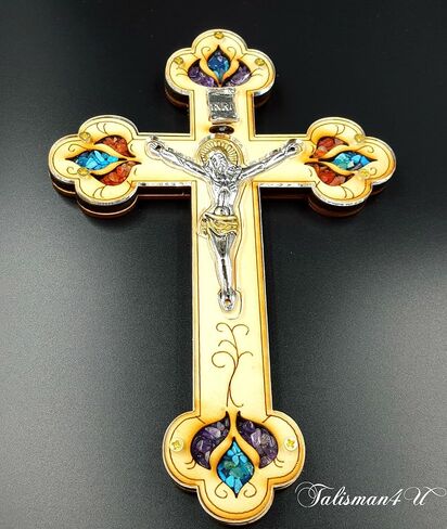TALISMAN4U ديكور حائط متقاطع خشبي مقاس 7 بوصات مع صليب كاثوليكي وأحجار كريمة ملونة شبه ثمينة مباركة في هدية الأرض المقدسة في القدس in Kuwait
