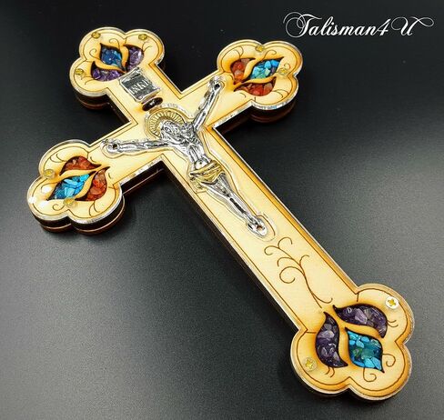 TALISMAN4U ديكور حائط متقاطع خشبي مقاس 7 بوصات مع صليب كاثوليكي وأحجار كريمة ملونة شبه ثمينة مباركة في هدية الأرض المقدسة في القدس in Kuwait