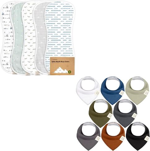 KeaBabies 5-Pack Muslin Baby Burp Cloths and 8-Pack Organic Baby Bandana Drool Bibs - Organic White Bamboo Cotton Burp Cloth - Stylish Unisex Bandana Bibs in Saudi Arabia