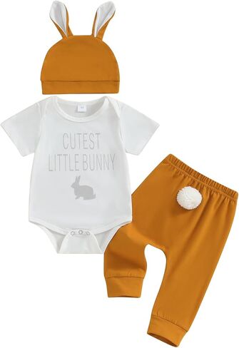 Muasaaluxi Newborn Baby Boy Easter Outfit Cutest Little Bunny Romper Onesie Long Pants with Pompom Bunny Hat Set 0-12M in Saudi Arabia
