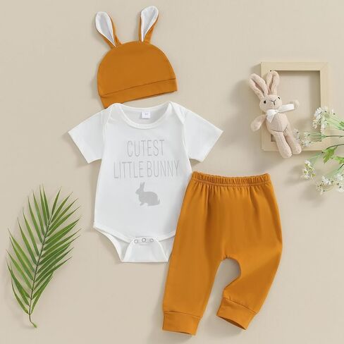 Muasaaluxi Newborn Baby Boy Easter Outfit Cutest Little Bunny Romper Onesie Long Pants with Pompom Bunny Hat Set 0-12M in Saudi Arabia