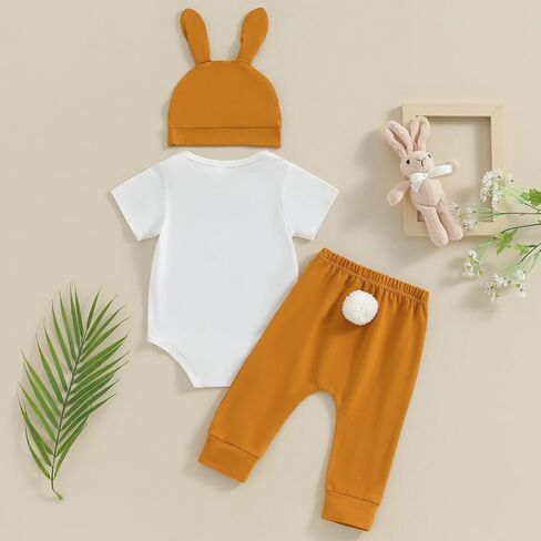 Muasaaluxi Newborn Baby Boy Easter Outfit Cutest Little Bunny Romper Onesie Long Pants with Pompom Bunny Hat Set 0-12M in Saudi Arabia