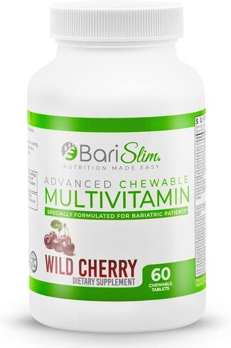 BariSlim Advanced Chewable Bariatric Multivitamin Tablets - Bariatric Vitamin and Supplement for Post Bariatric Surgery Including Gastric Bypass and Gastric Sleeve | Wild Cherry (60 Count) in Kuwait