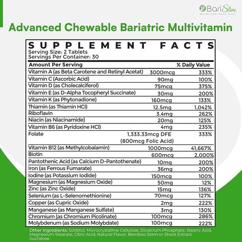 BariSlim Advanced Chewable Bariatric Multivitamin Tablets - Bariatric Vitamin and Supplement for Post Bariatric Surgery Including Gastric Bypass and Gastric Sleeve | Wild Cherry (60 Count) in Kuwait