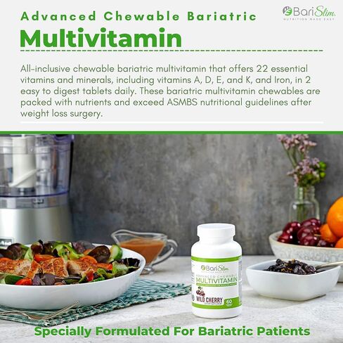 BariSlim Advanced Chewable Bariatric Multivitamin Tablets - Bariatric Vitamin and Supplement for Post Bariatric Surgery Including Gastric Bypass and Gastric Sleeve | Wild Cherry (60 Count) in Kuwait