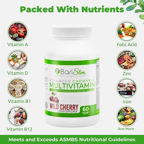 BariSlim Advanced Chewable Bariatric Multivitamin Tablets - Bariatric Vitamin and Supplement for Post Bariatric Surgery Including Gastric Bypass and Gastric Sleeve | Wild Cherry (60 Count) in Kuwait