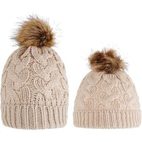 Camidy Kids Winter Beanie Hat, Warm Knitted Pom Beanie Hat Mother Baby Boys Girls Winter Warm Fur Pompom Hat Knit Beanie Hat in Kuwait