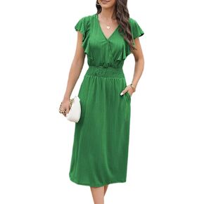 Happy Sailed Women's Summer V Neck Ruffle Short Sleeve Casual Smocked High Waist A Line Midi Dresses with Pockets in Saudi Arabia